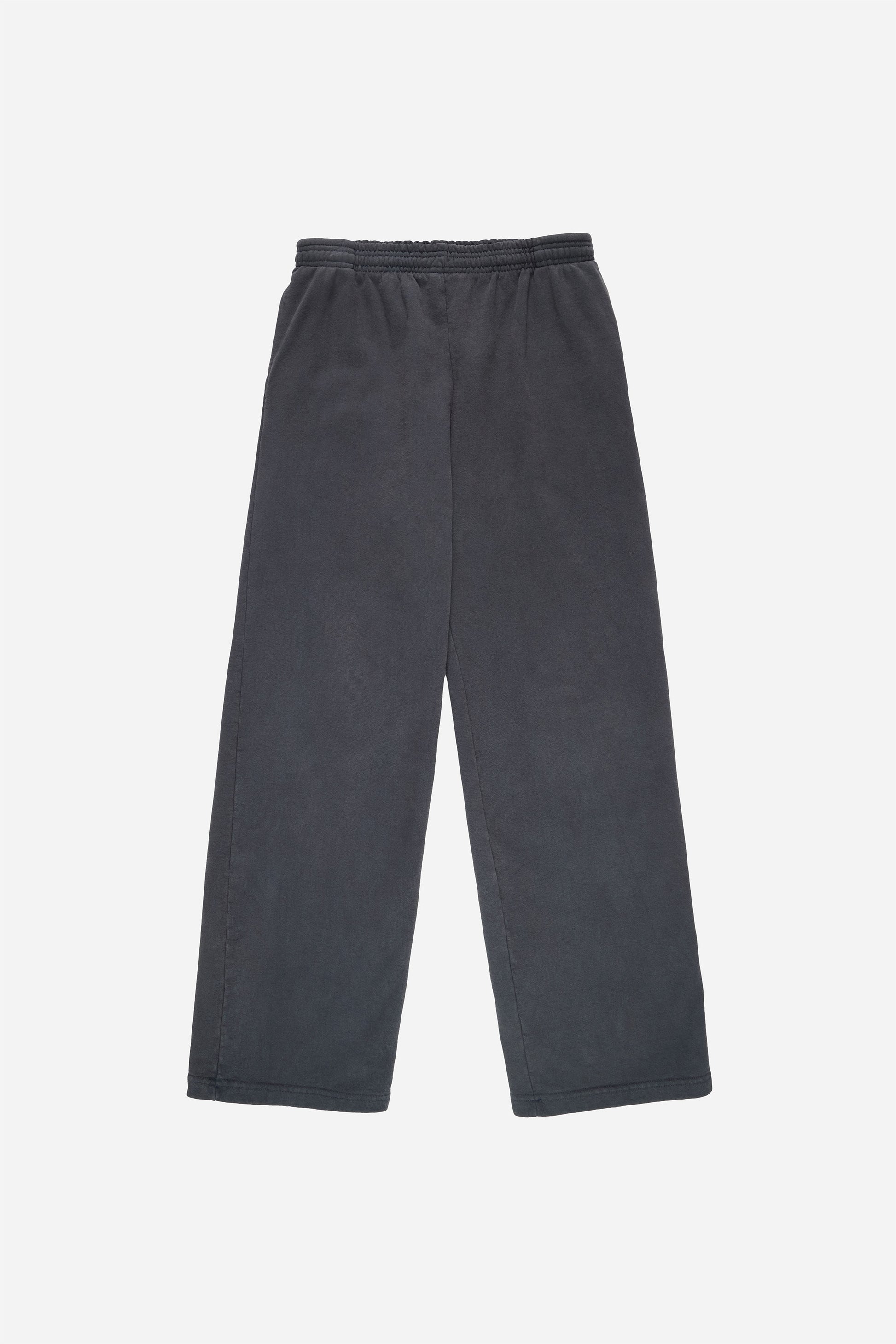 Flat lay of Trash Fleece Apartment Pants in Slate, showing the full length and straight leg of the relaxed-fit design.
