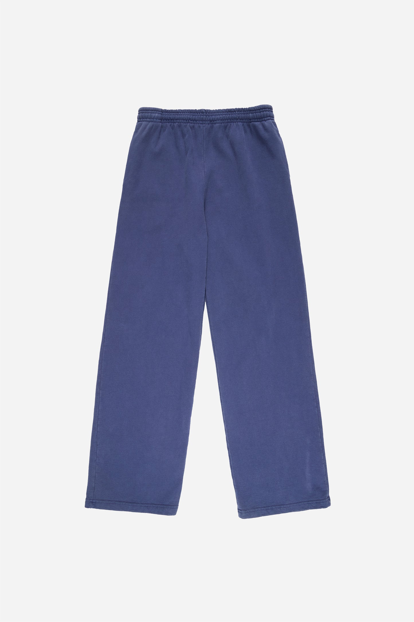 Flat lay of Trash Fleece Apartment Pants in Washed Navy, showing the full length and straight leg of the relaxed-fit design.