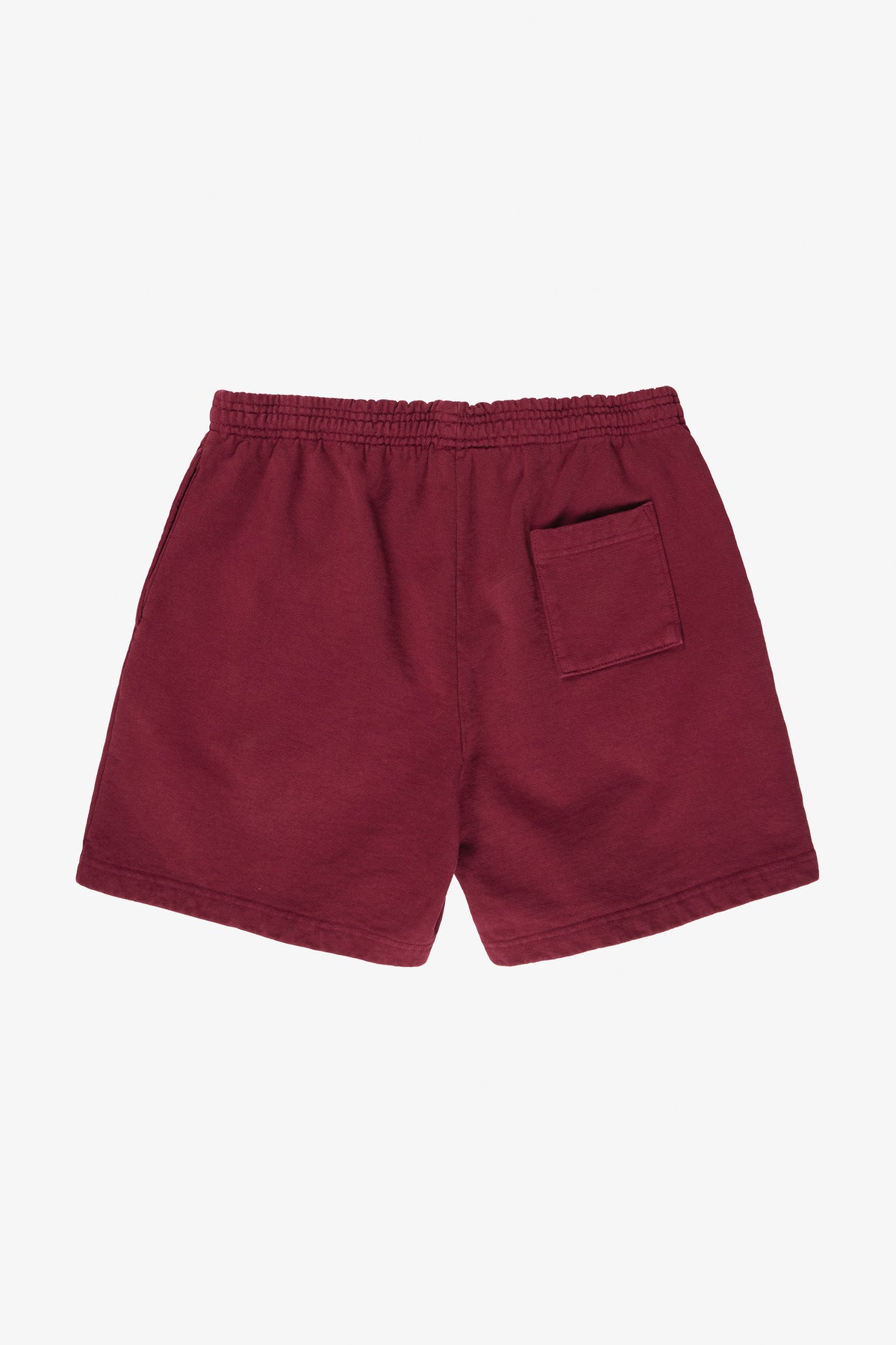 Trash Fleece Everyday Shorts in Garnet – flat lay, back view, no model