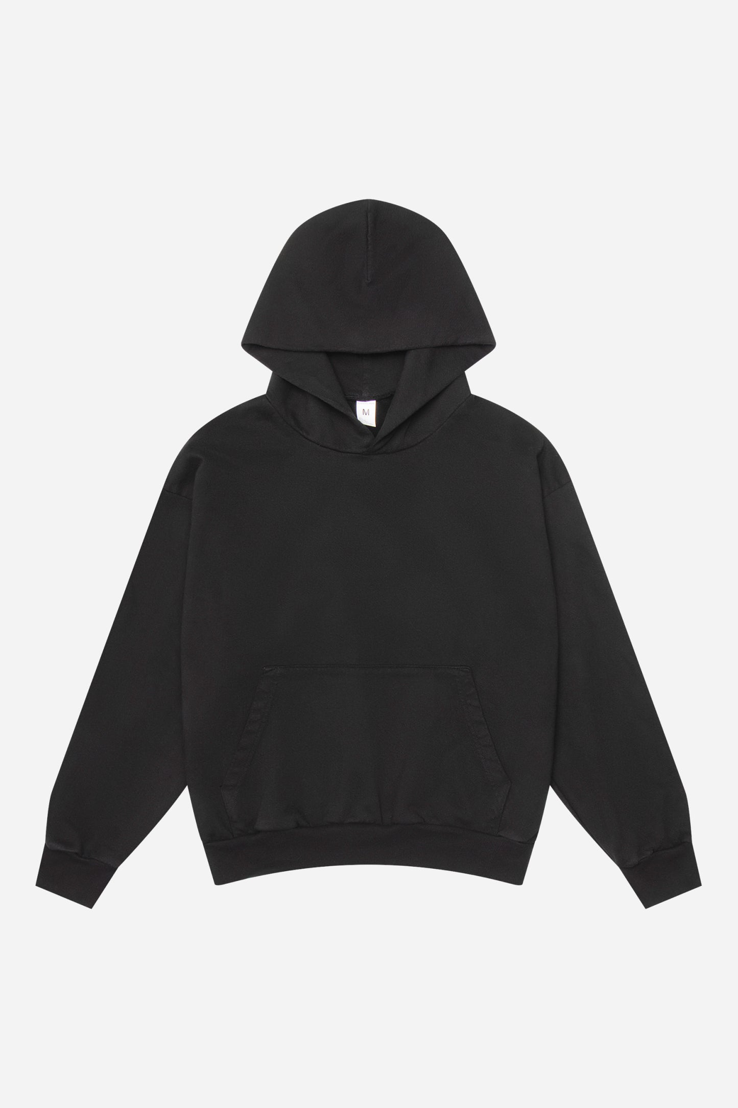Flat lay front view of Black Trash Hoodie with hood lifted above the collar.