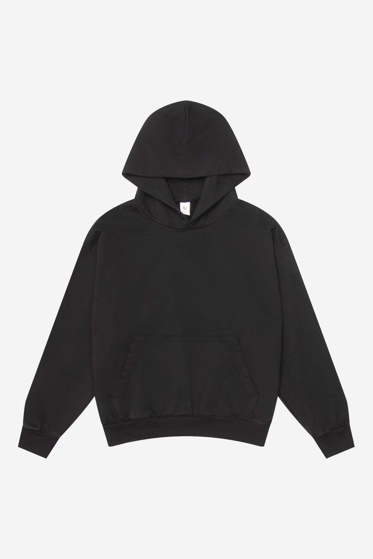 Flat lay front view of Black Trash Hoodie with hood lifted above the collar.