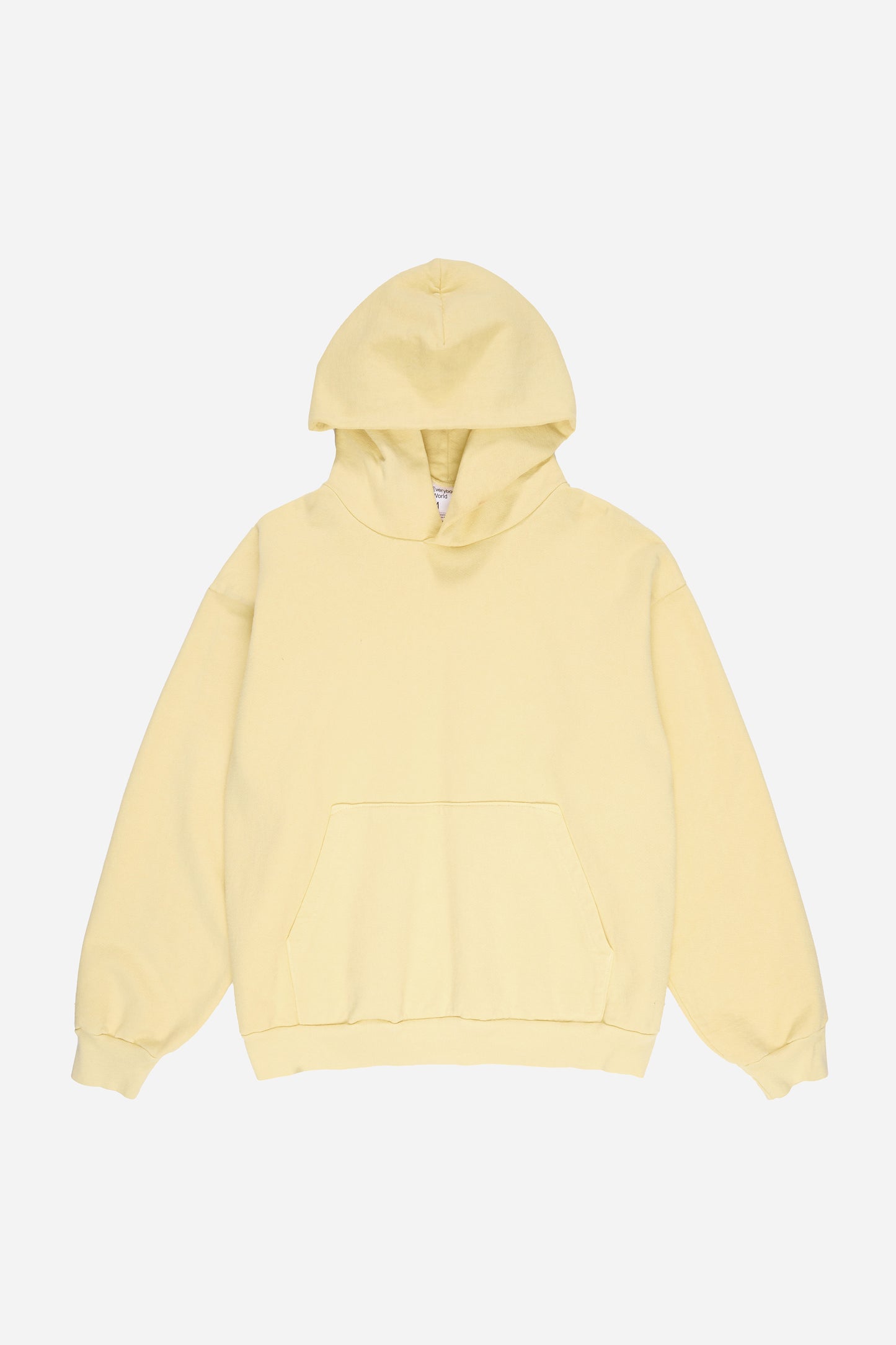 Flat lay front view of French Butter Trash Hoodie with hood lifted above the collar.