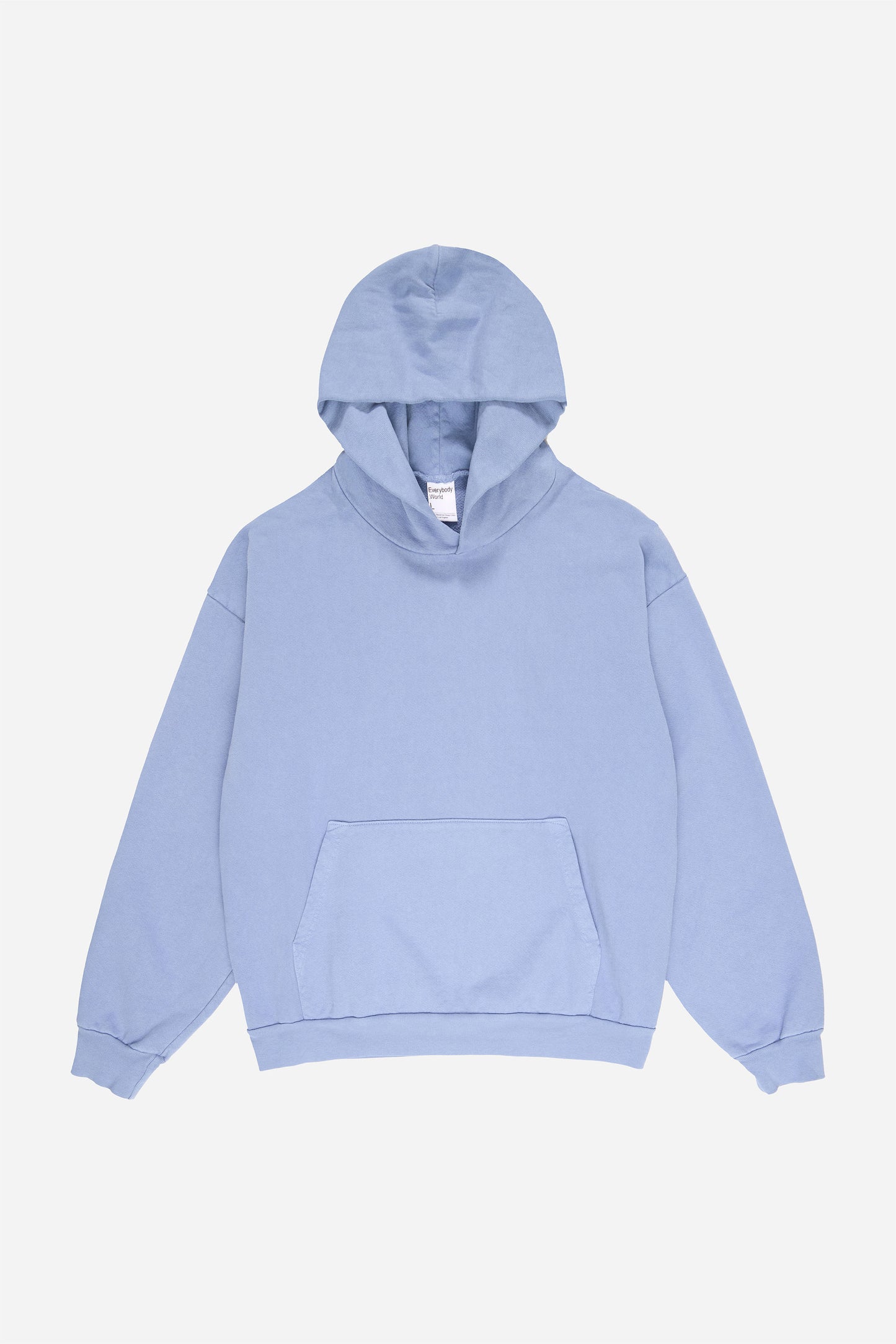 Flat lay front view of Periwinkle Trash Hoodie with hood lifted above the collar.