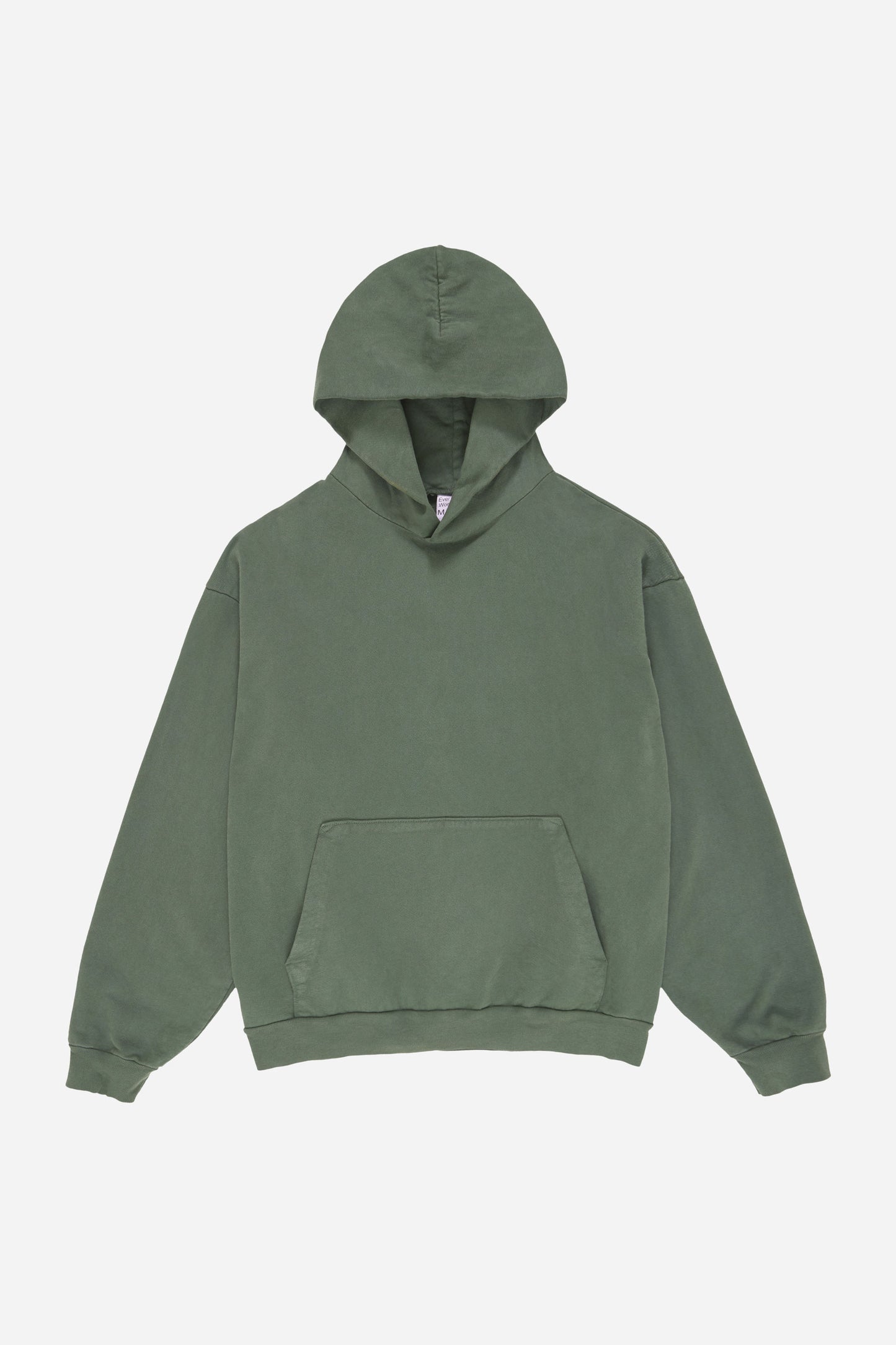 Flat lay front view of Pine Trash Hoodie with hood lifted above the collar.