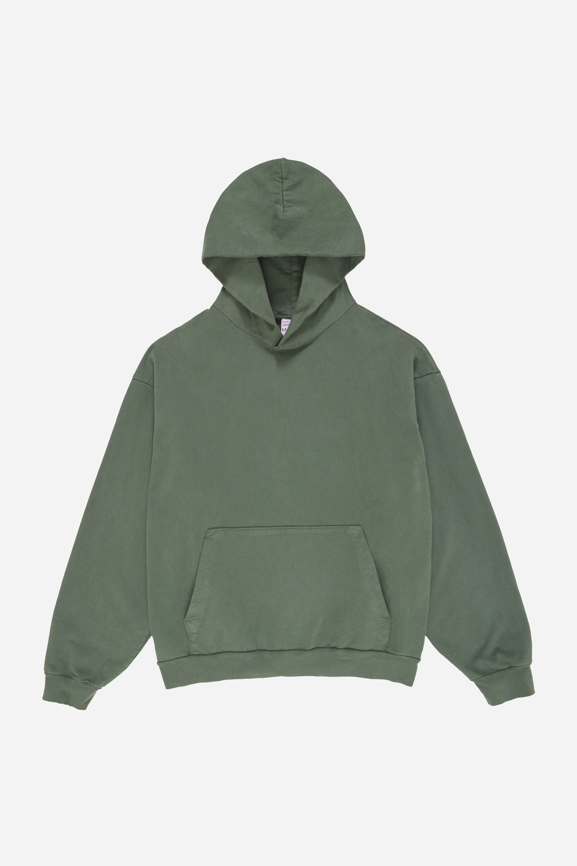 Flat lay front view of Pine Trash Hoodie with hood lifted above the collar.