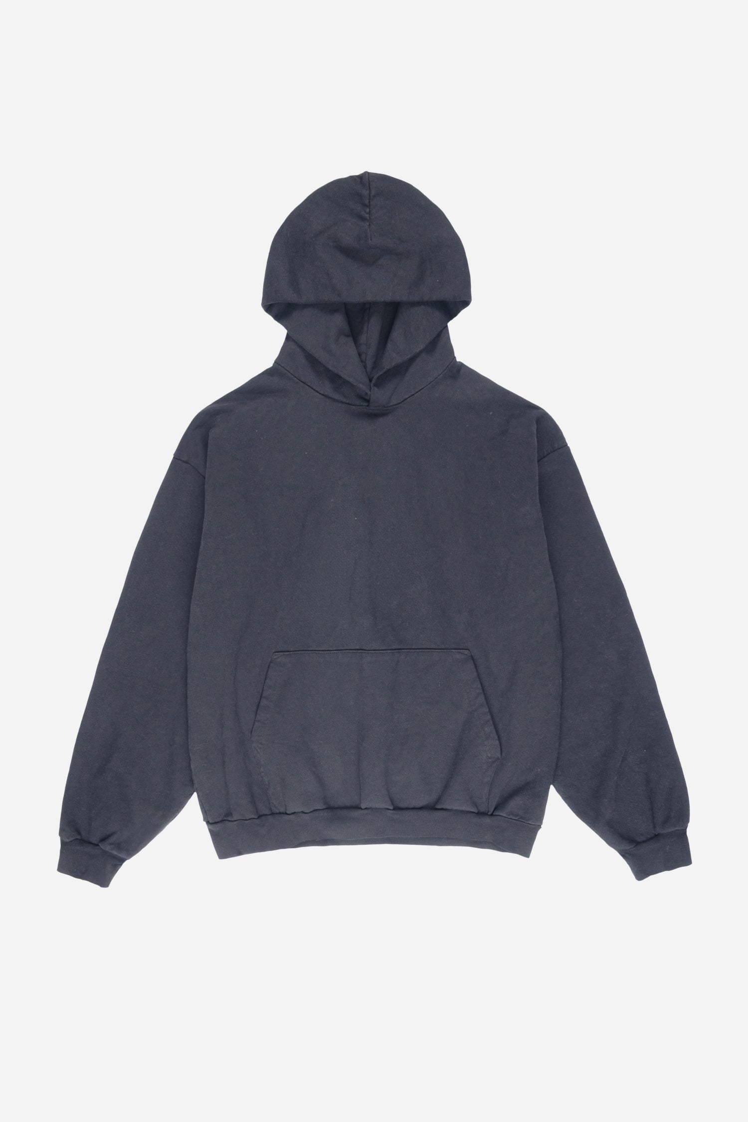 Flat lay front view of Slate Trash Hoodie with hood lifted above the collar.
