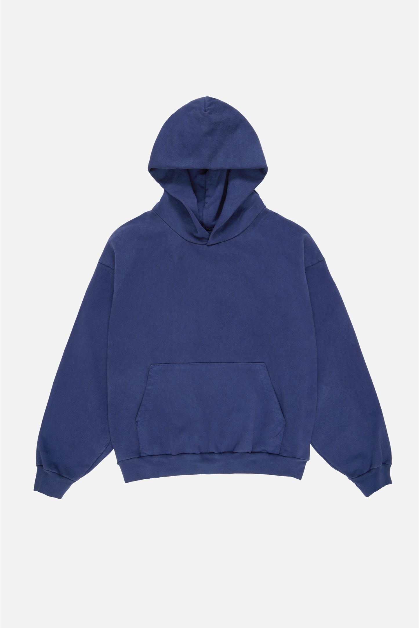 Flat lay front view of Washed Navy Trash Hoodie with hood lifted above the collar.