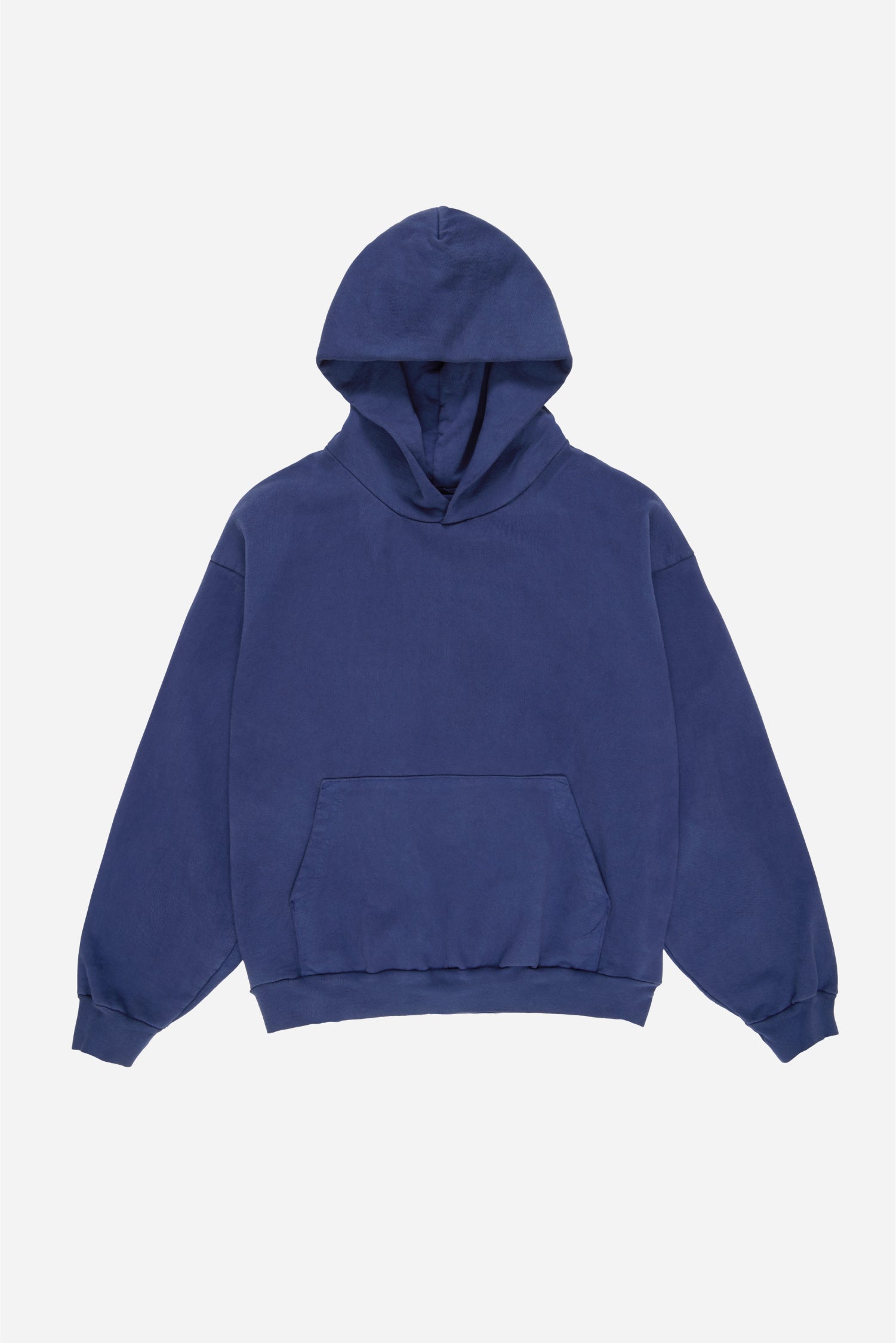 Flat lay front view of Washed Navy Trash Hoodie with hood lifted above the collar.