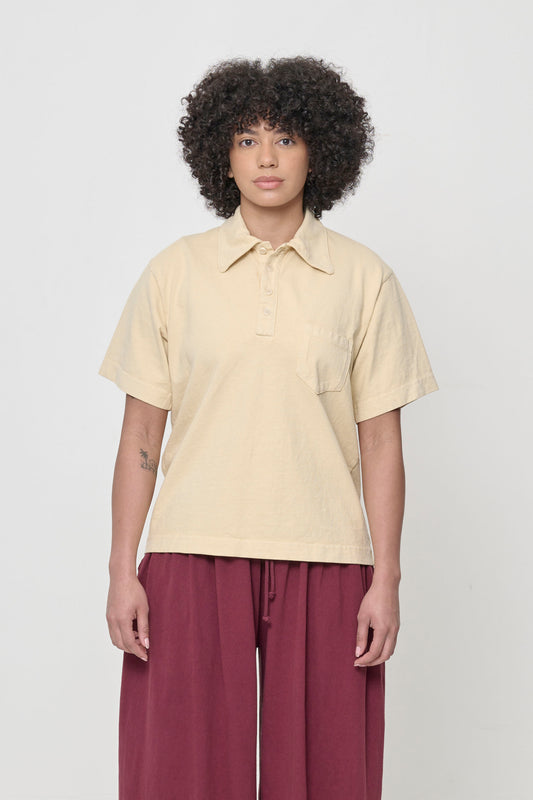 A 5'8" woman wearing a size S Trash Polo in Turtle Dove. Hem hits lower-mid hip.