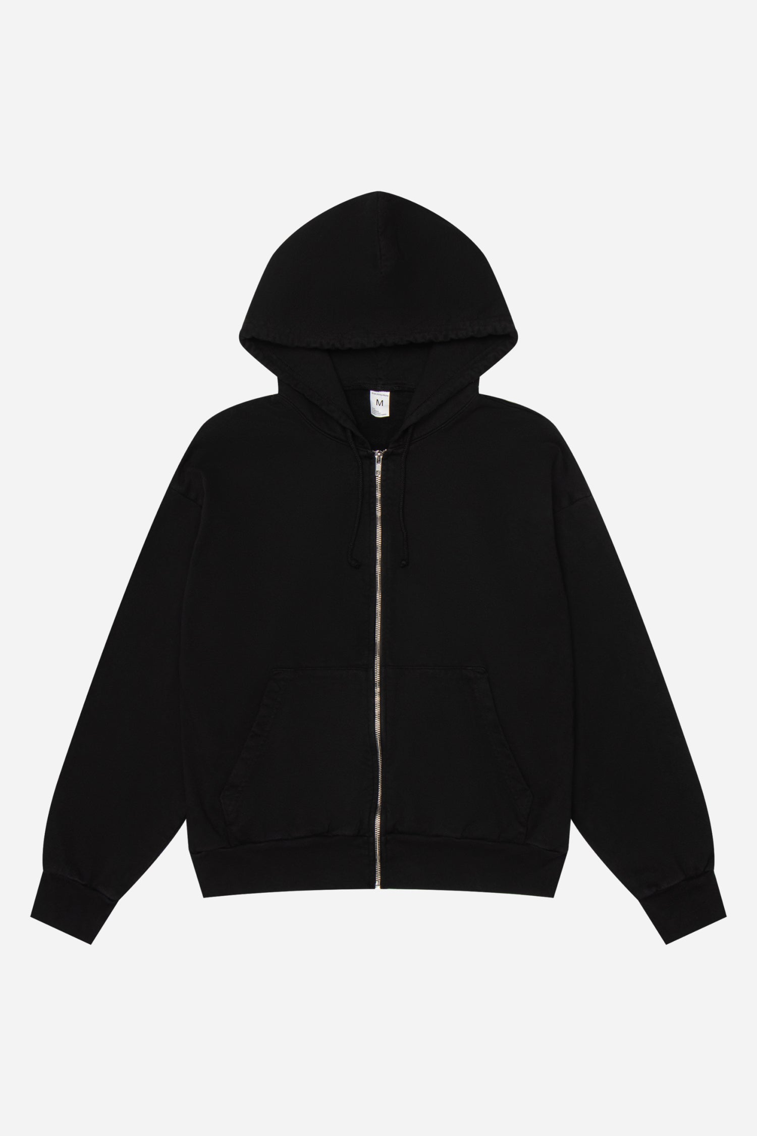 Flat lay front view of Black Trash Zip Up Hoodie with hood lifted above the collar