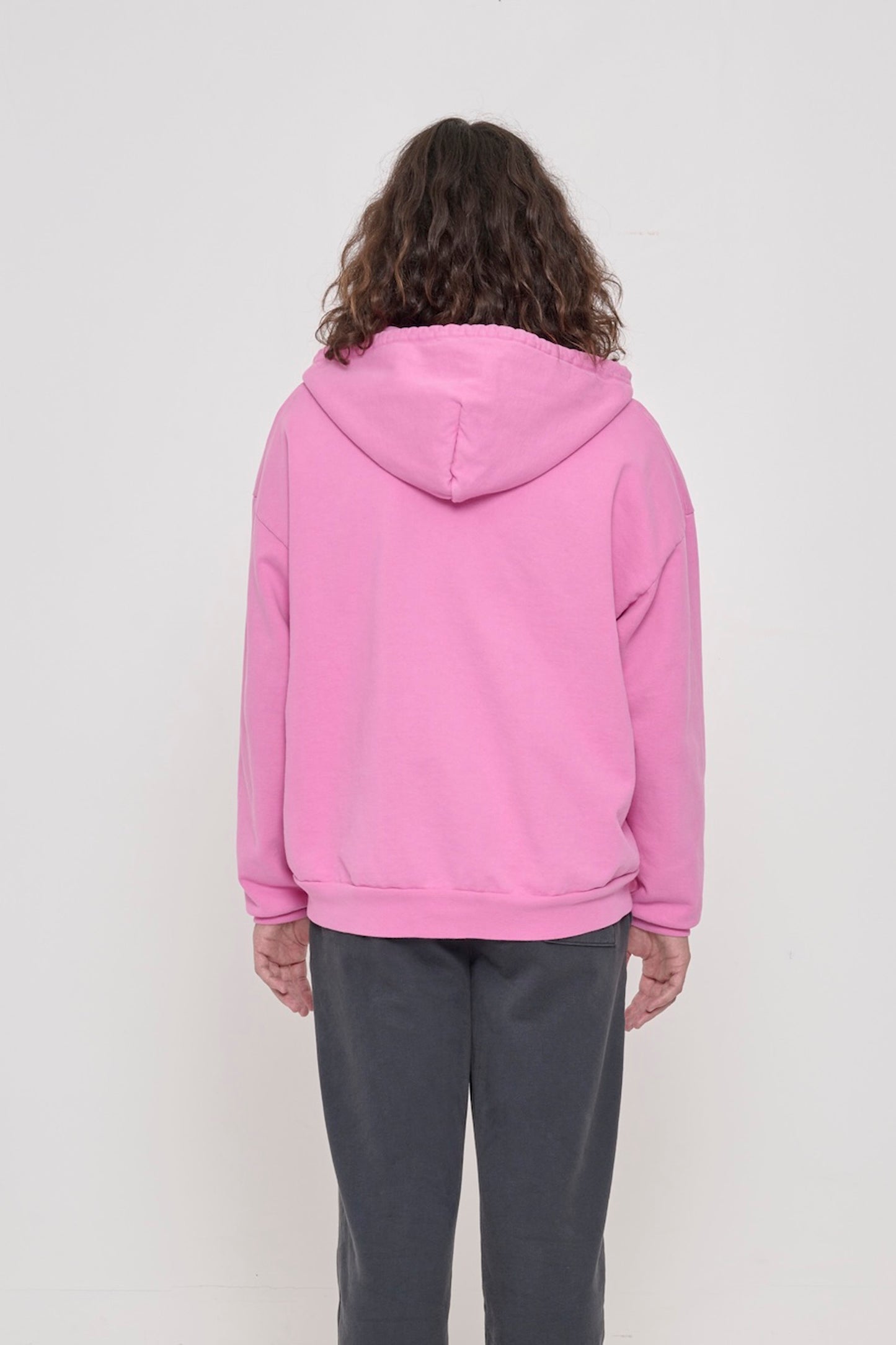 Back view of a person wearing a Pixie Trash Zip Up Hoodie, highlighting the hood.