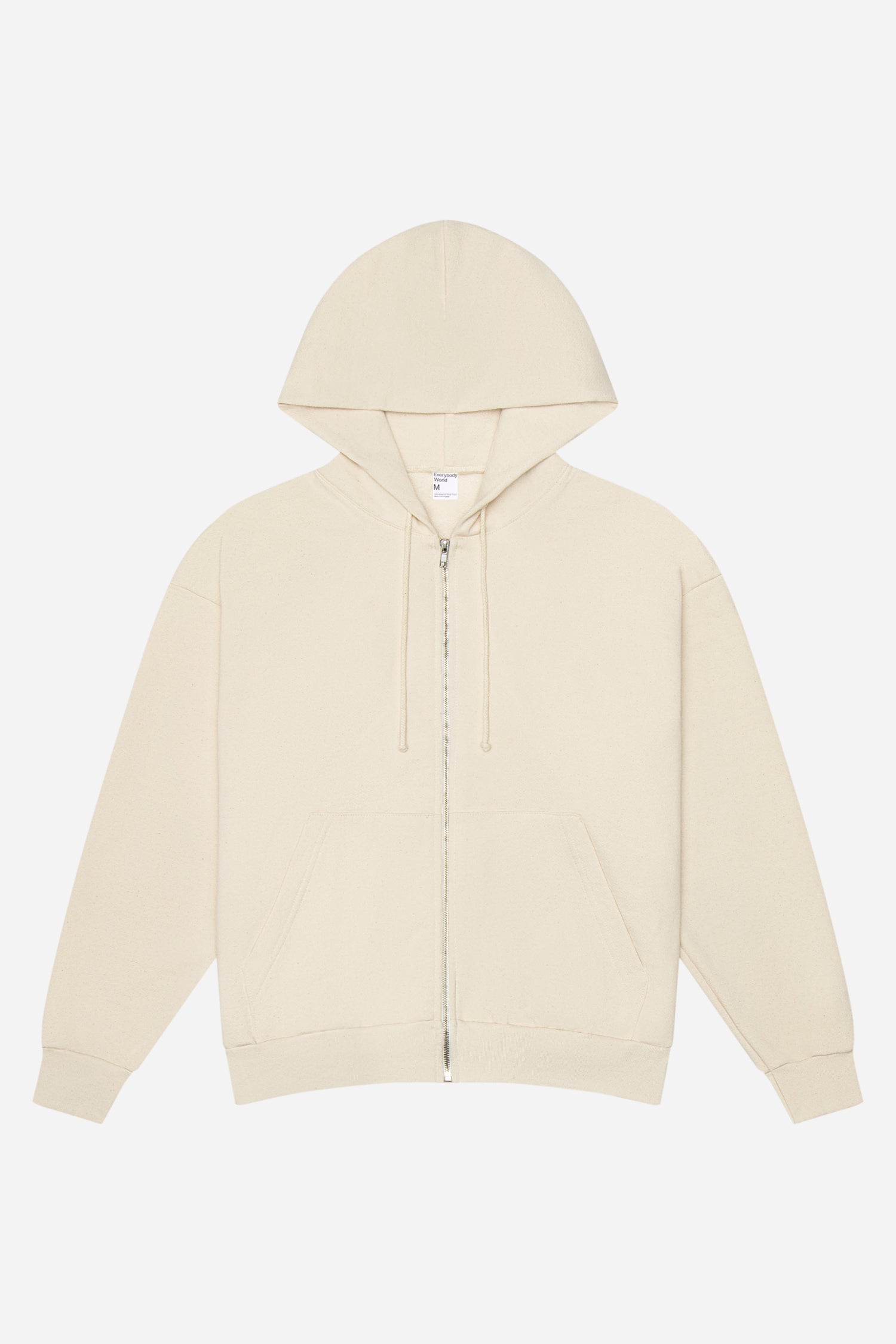 Flat lay front view of Scour Trash Zip Up Hoodie zipped up and with hood lifted above the collar