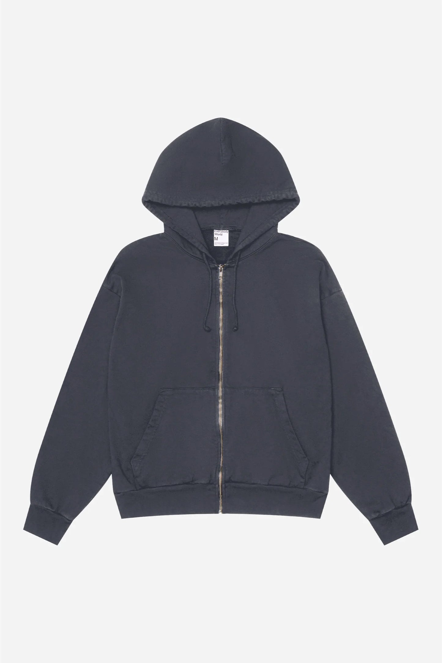 Flat lay front view of Slate Trash Zip Up Hoodie with hood lifted above the collar