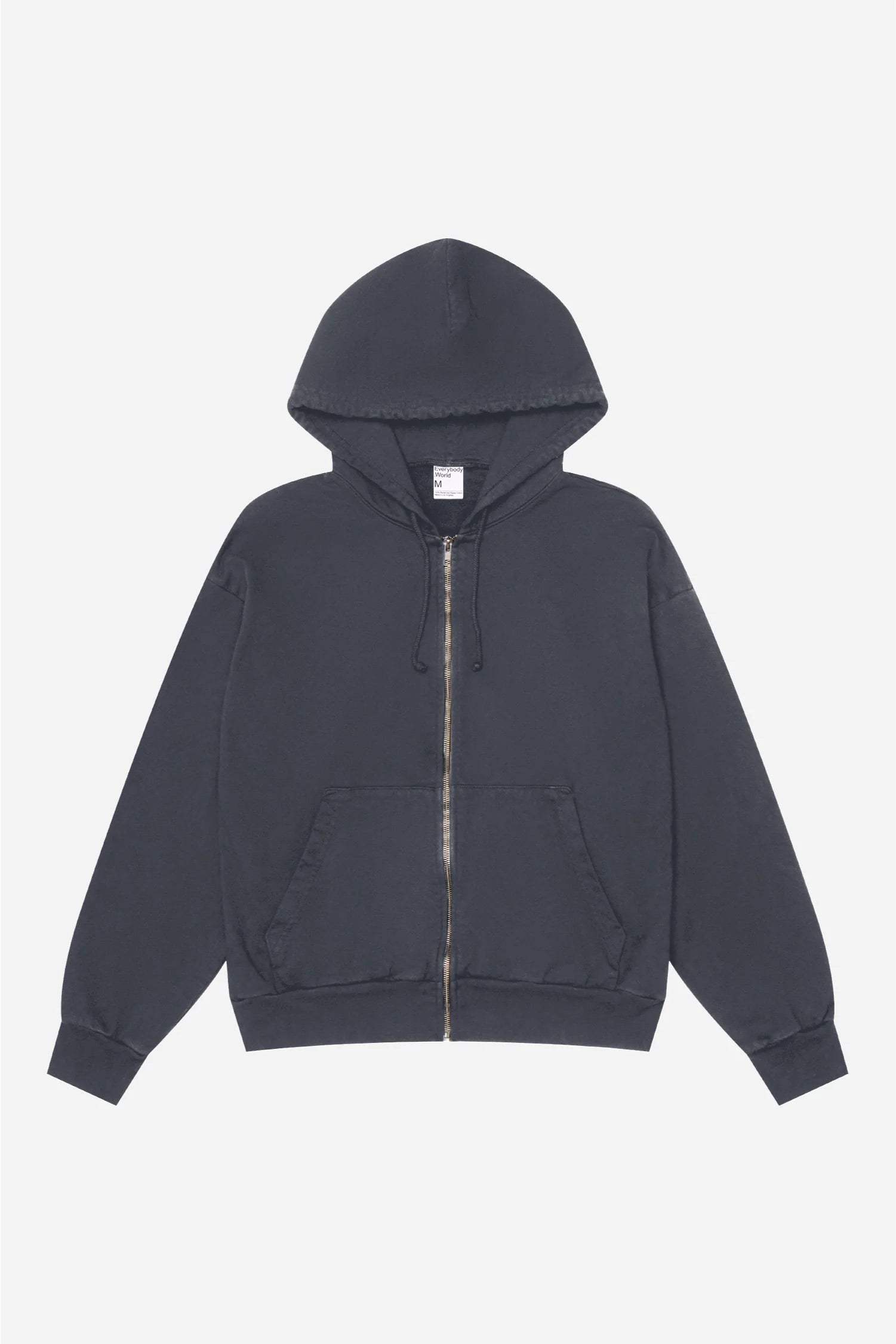Flat lay front view of Slate Trash Zip Up Hoodie with hood lifted above the collar