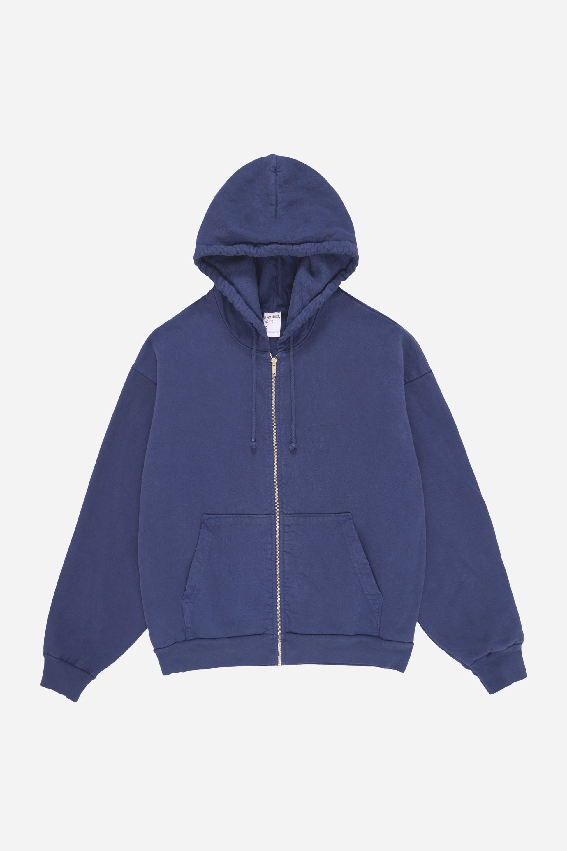 Flat lay front view of Washed Navy Trash Zip Up Hoodie with hood cinched and lifted above the collar