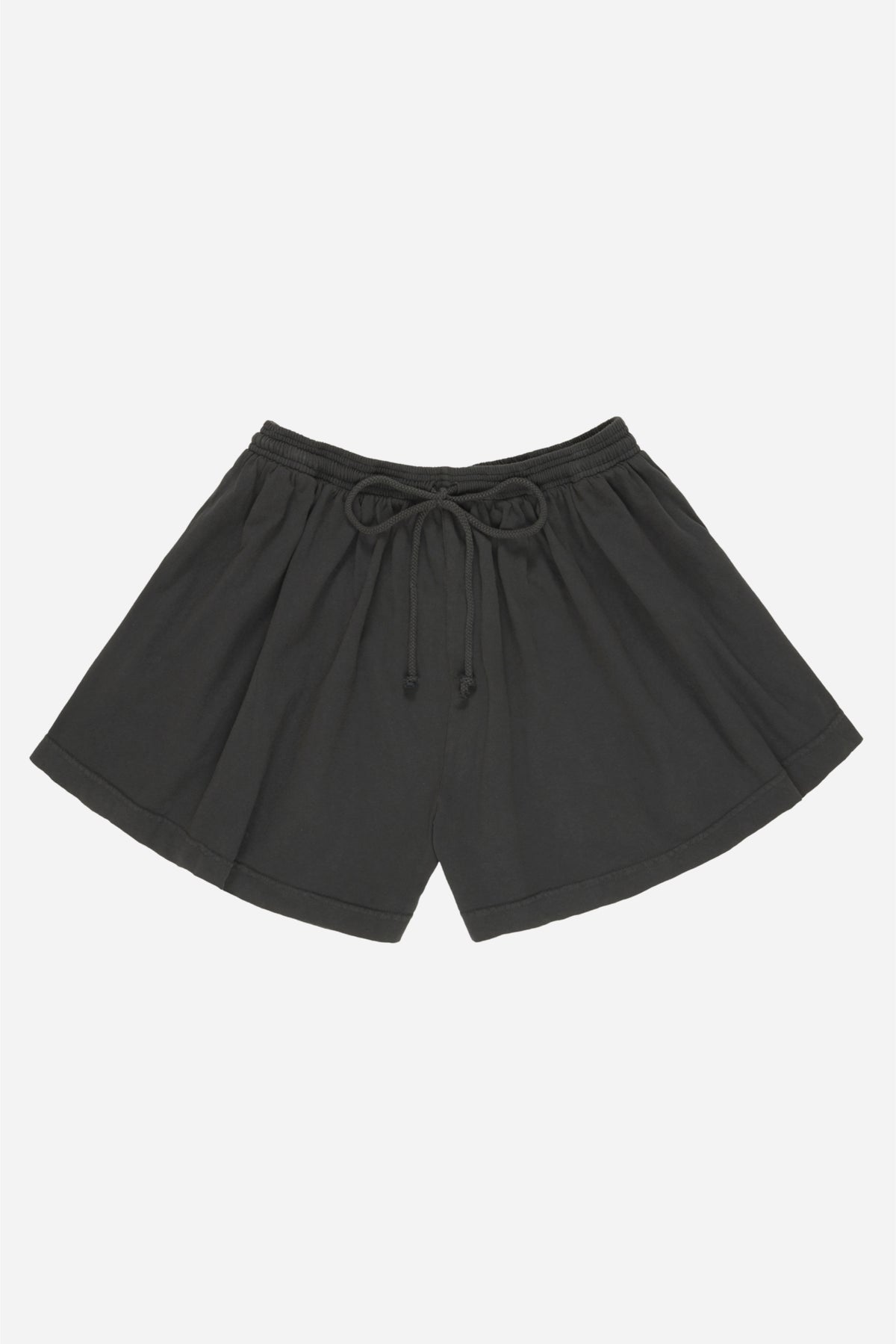 Flat lay: shorts legs smoothed out, showing leg opening is as wide as the waistband.