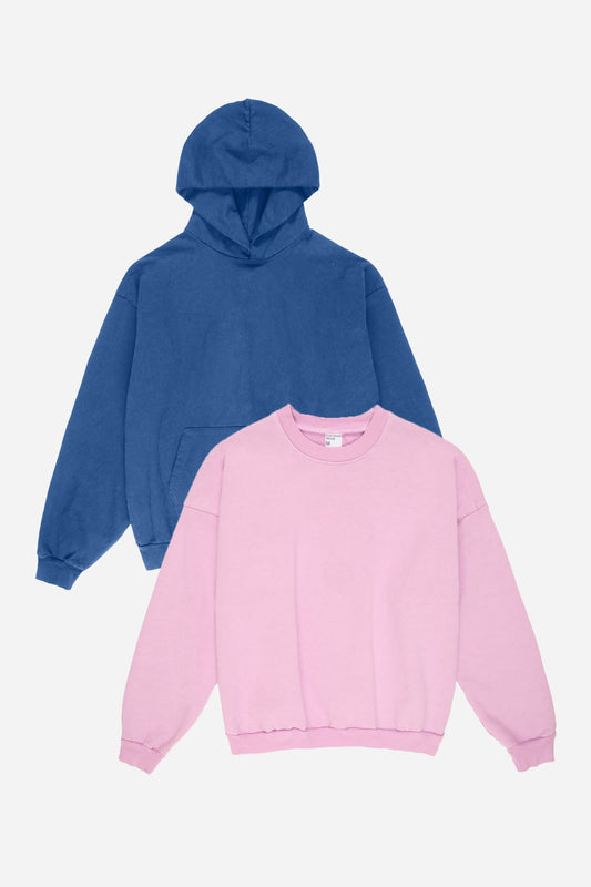 Flat lay of Lavender and Denim blue sweatshirts