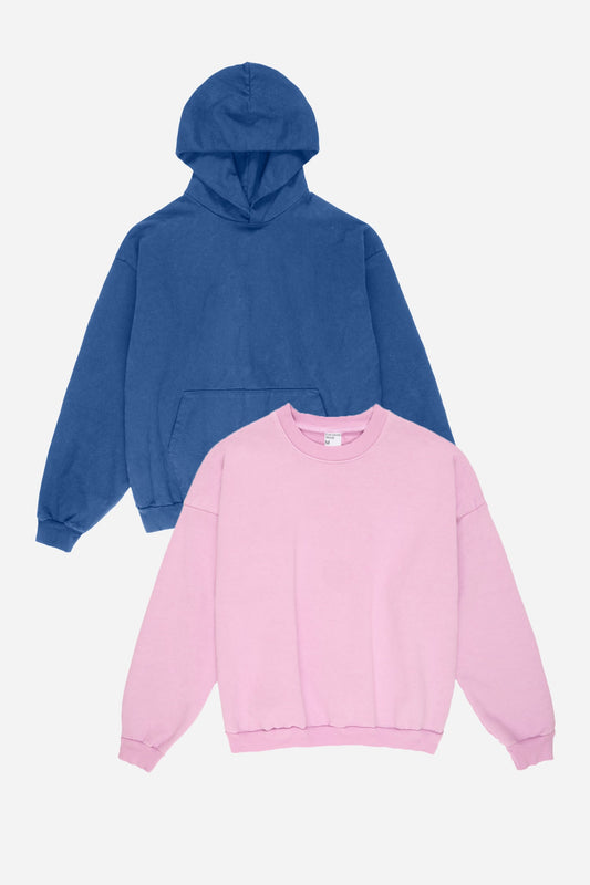 Blue hoodie and Lavender sweatshirt on a white background