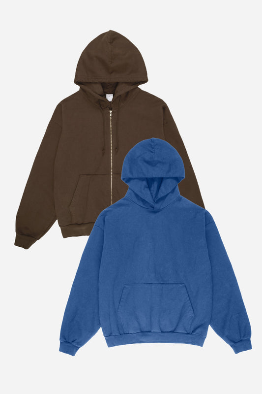 Brown and blue hoodies on a white background