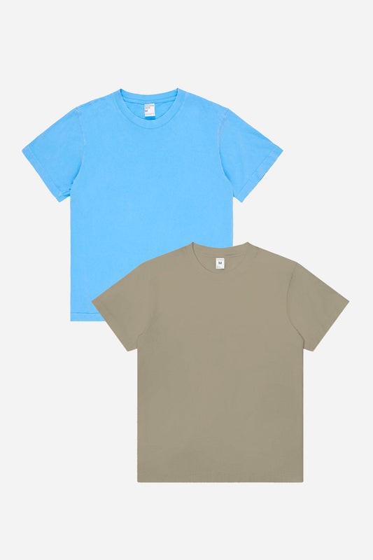 Flat lay of Azul blue and Sage grey green tees