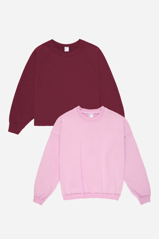 Flat lay of Lavender and Burgundy sweatshirts