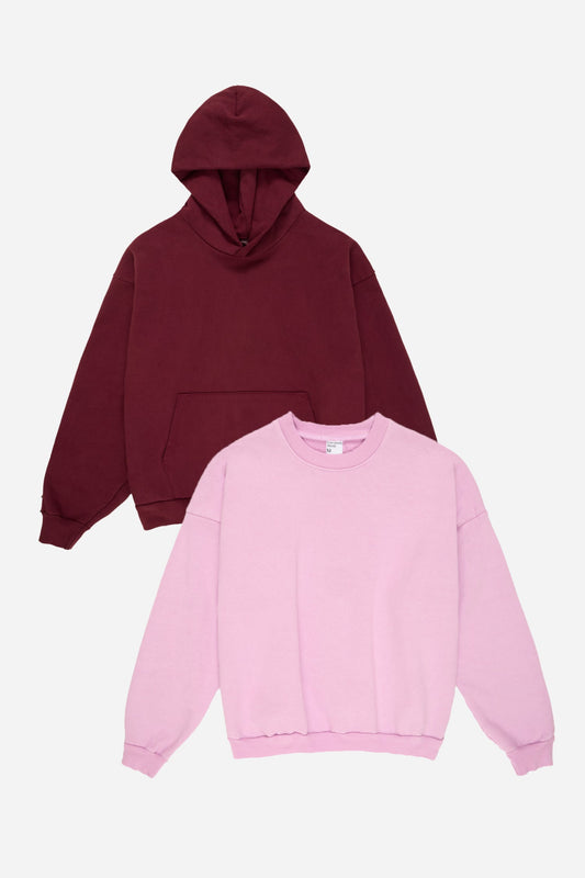 Flat lay of Lavender and Burgundy sweatshirts