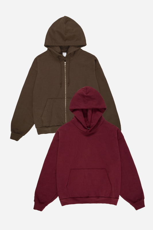 Flat lay of Burgundy and Soil hoodies