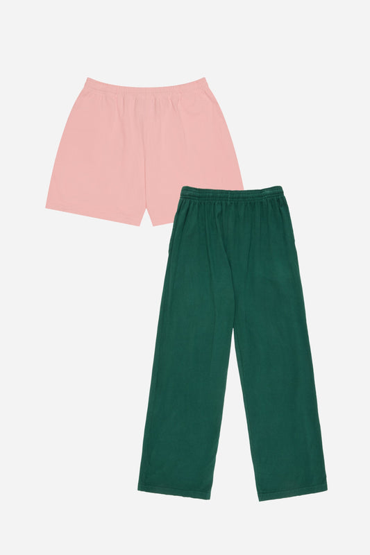 Pink shorts and green pants on a light gray background