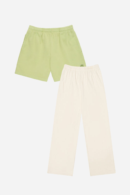Green shorts and cream pants on a white background