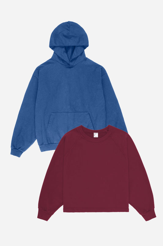 Blue hoodie and Burgundy sweatshirt on a white background