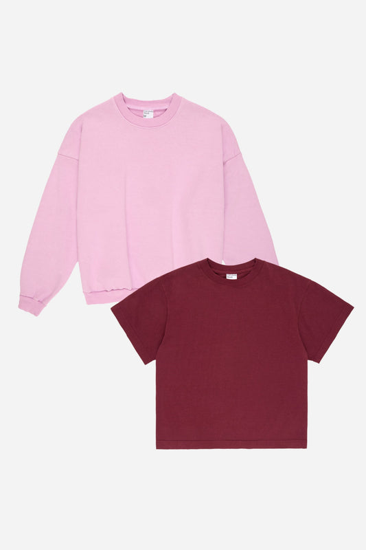 Lavender sweatshirt and Burgundy t-shirt on a white background