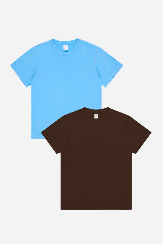 Two plain t-shirts, one blue and one brown, on a white background.