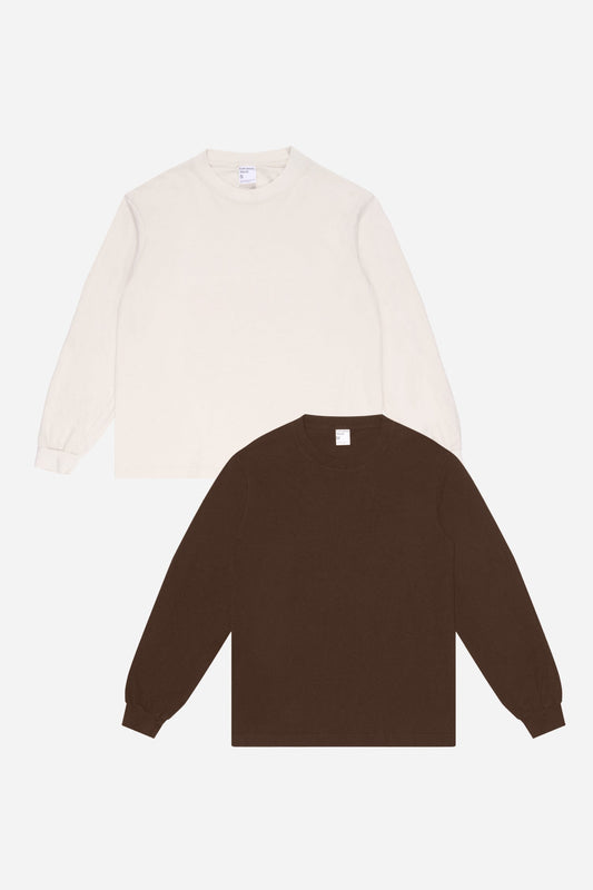 Two long sleeve tees, one beige and one brown, on a white background