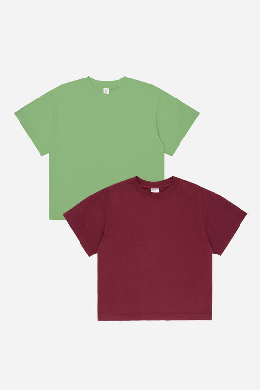 Green and burgundy t-shirts on a white background