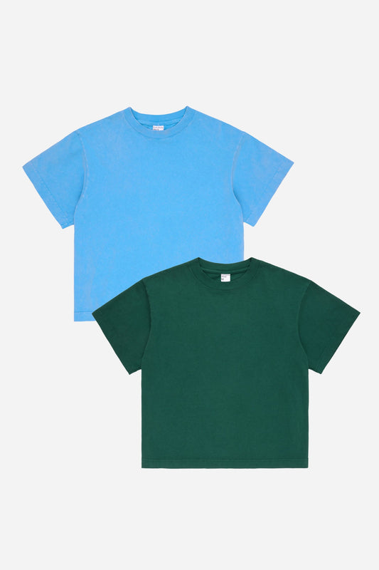 Blue and green t-shirts on a white background
