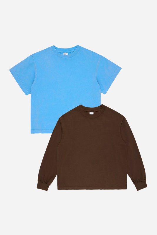 Blue t-shirt and brown long sleeve t-shirt on a white background
