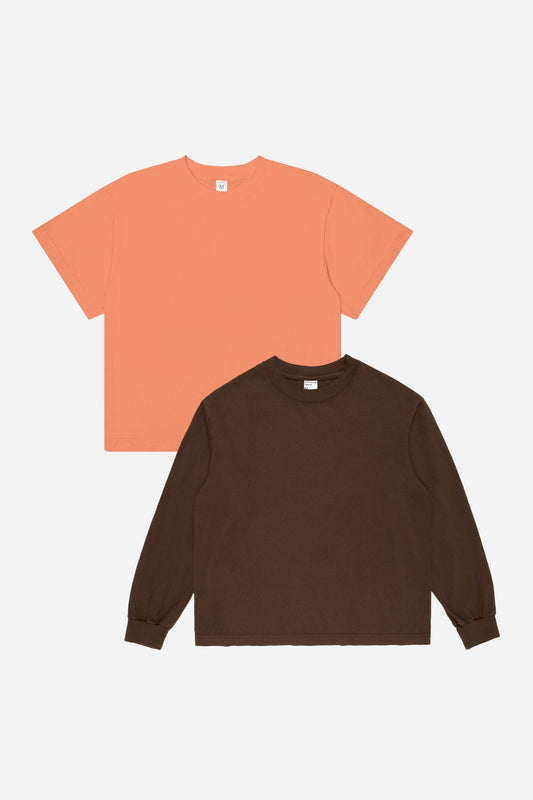Dark peach t-shirt and brown long sleeve t-shirt on a white background