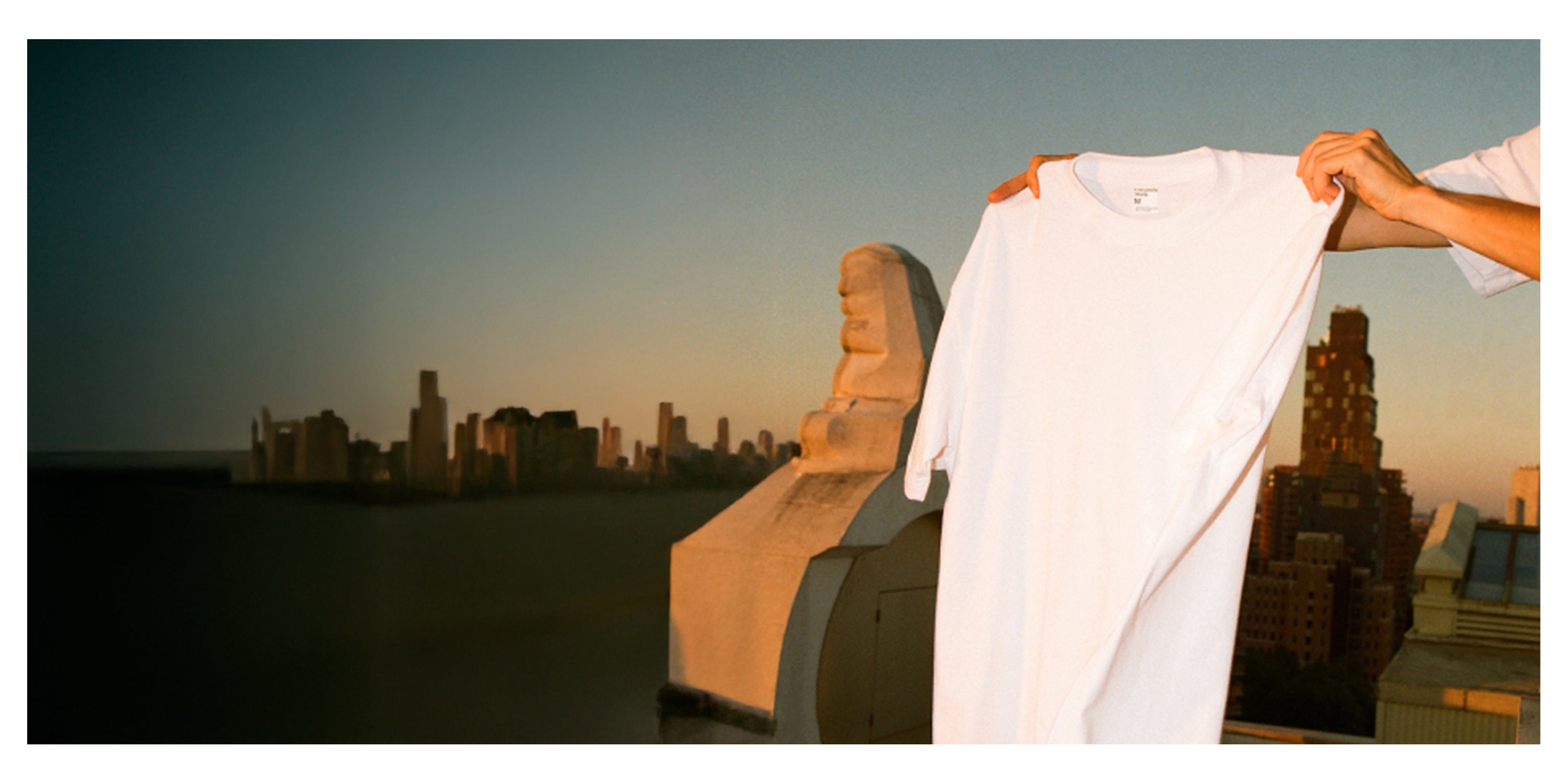 Person holding a Trash Tee in White with a city skyline in the background