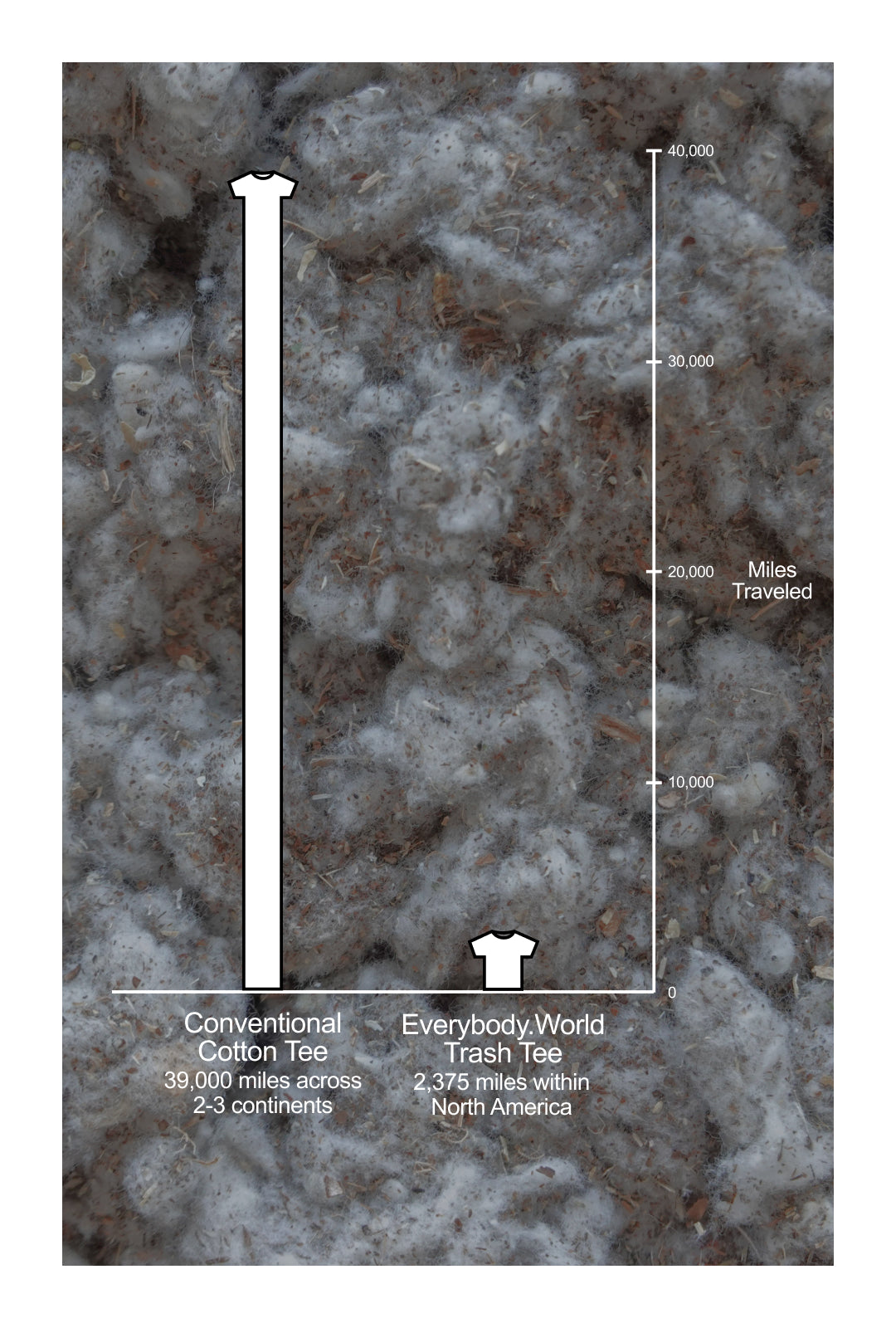 A side-by-side comparison of the Everybody.World Trash Tee and a conventional cotton T-shirt, highlighting sustainability metrics and environmental benefits of the Trash Tee.