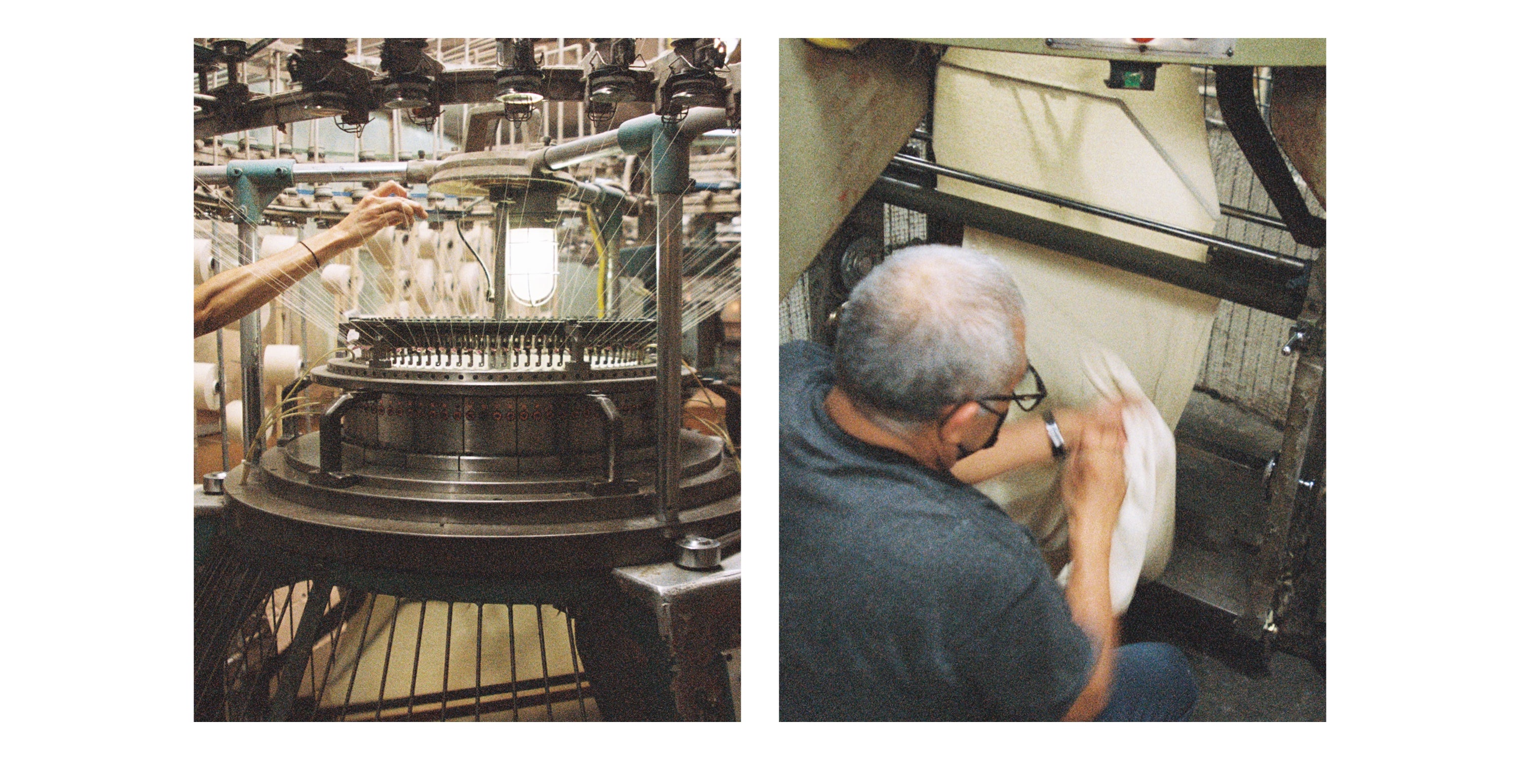 Yarn spinning and tubular 100% Reclaimed Waste Cotton being knit into the Trash Tee at our Los Angeles factory.