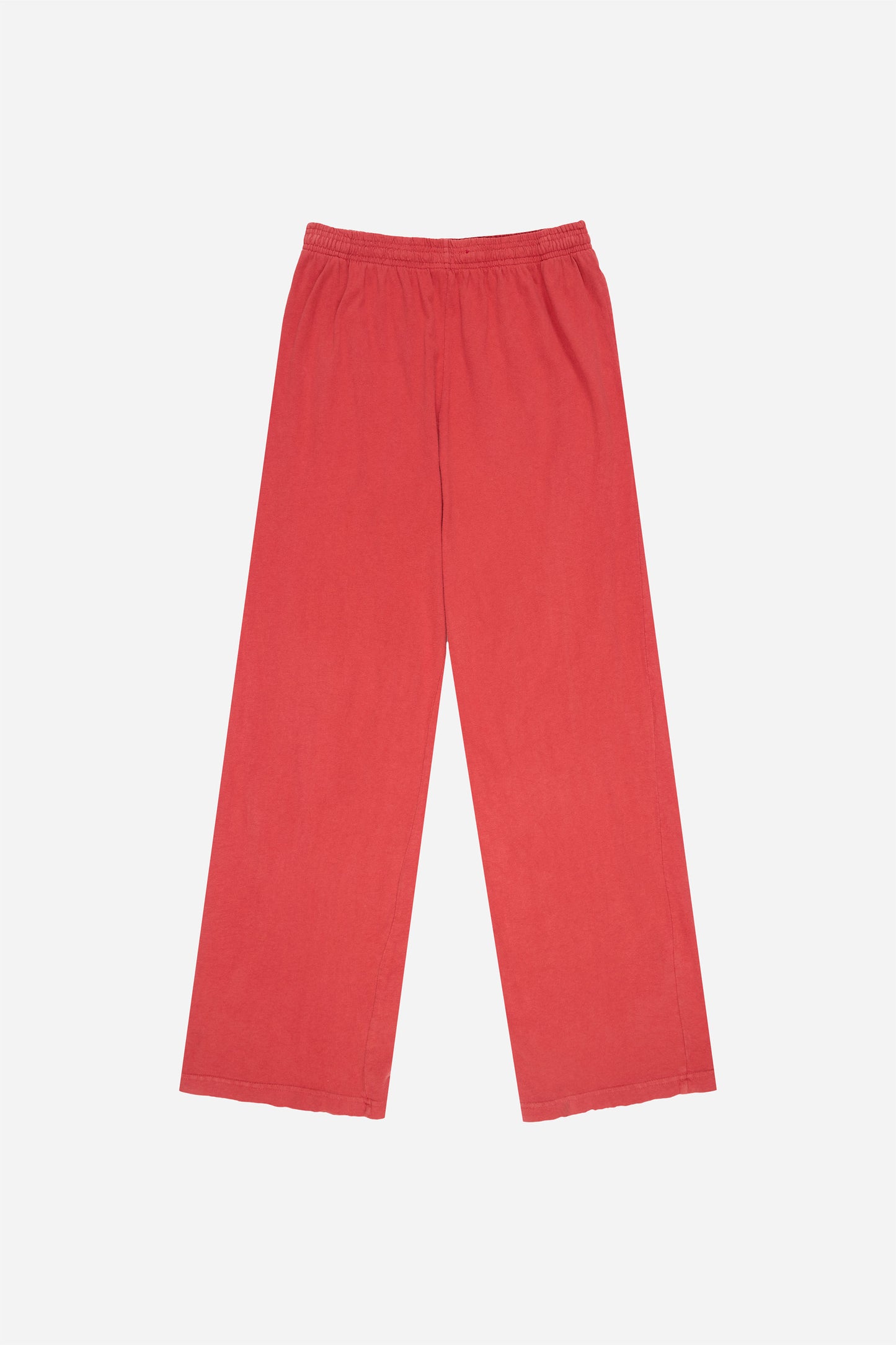 Flat lay of Jerico's Apartment Pants in Cedar red, showing the full length and straight leg of the relaxed-fit design.