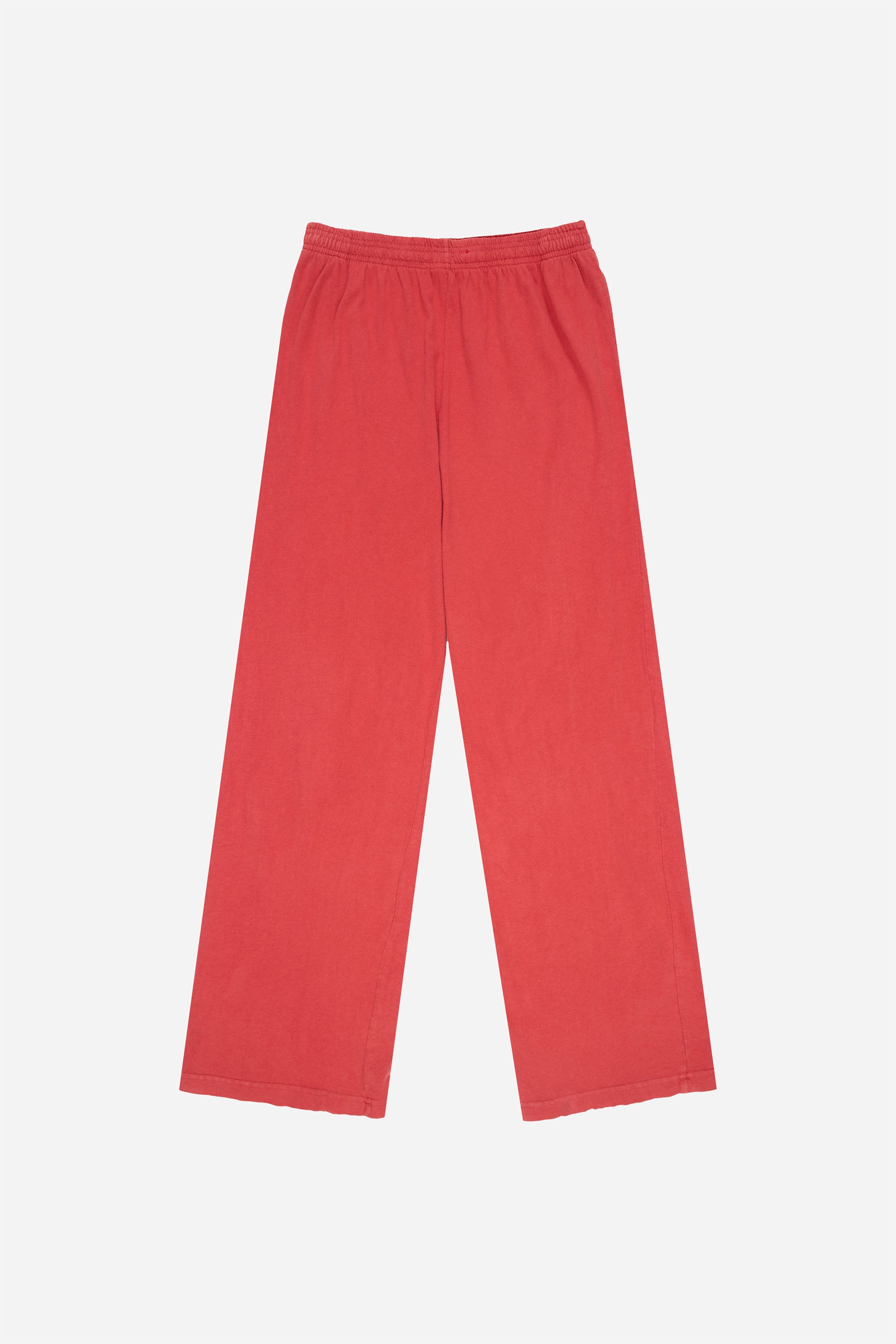 Flat lay of Jerico's Apartment Pants in Cedar red, showing the full length and straight leg of the relaxed-fit design.