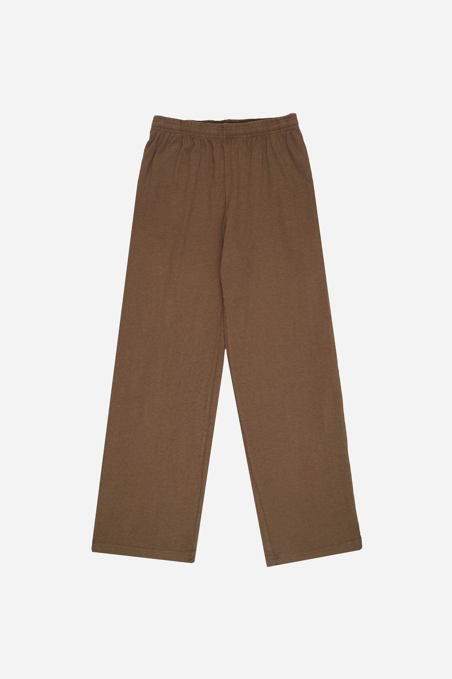Flat lay of Jerico's Apartment Pants in Dry Soil brown, showing the full length and straight leg of the relaxed-fit design.