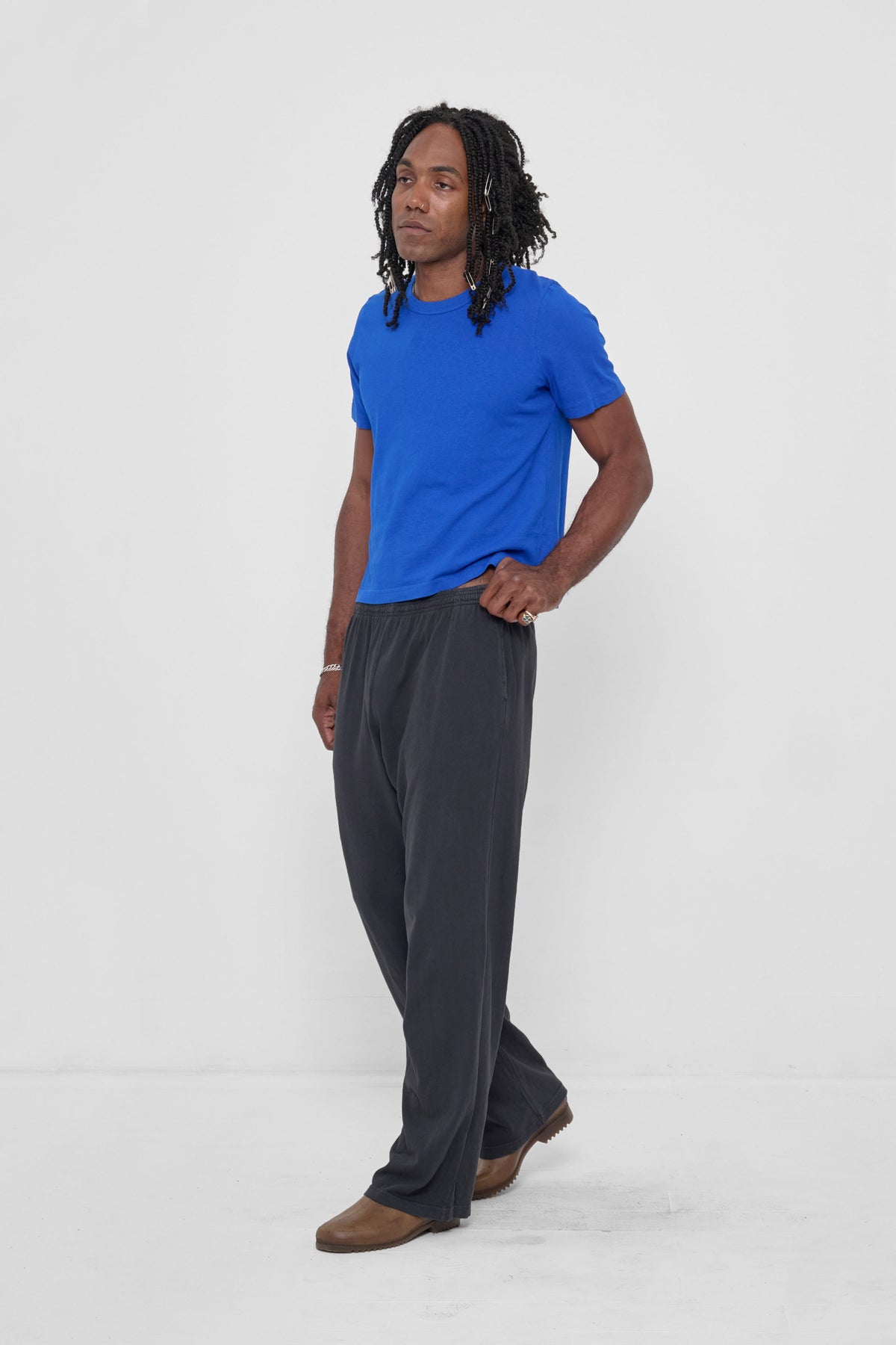 Apartment Pants in Slate – styled with Lapis Tailored Trash Tee and Plasticana shoes