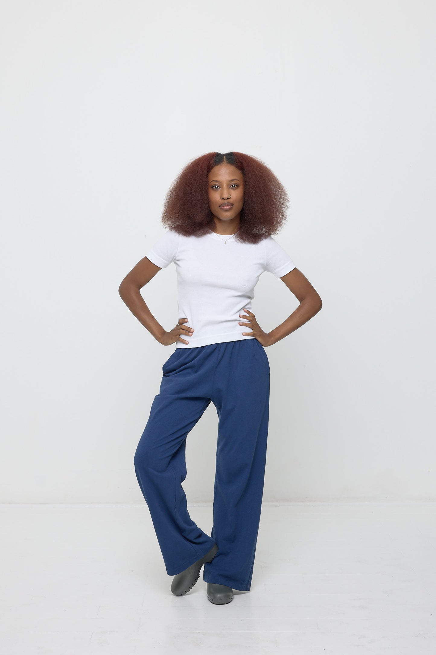 One knee popped showing easy movement of the fabric.