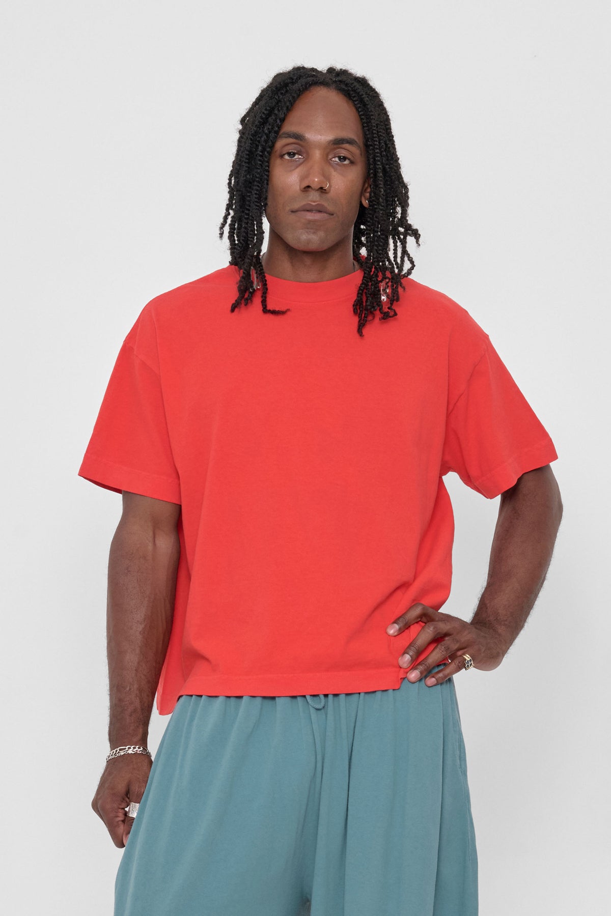 Boxier Trash Tee in Lava – front view on model