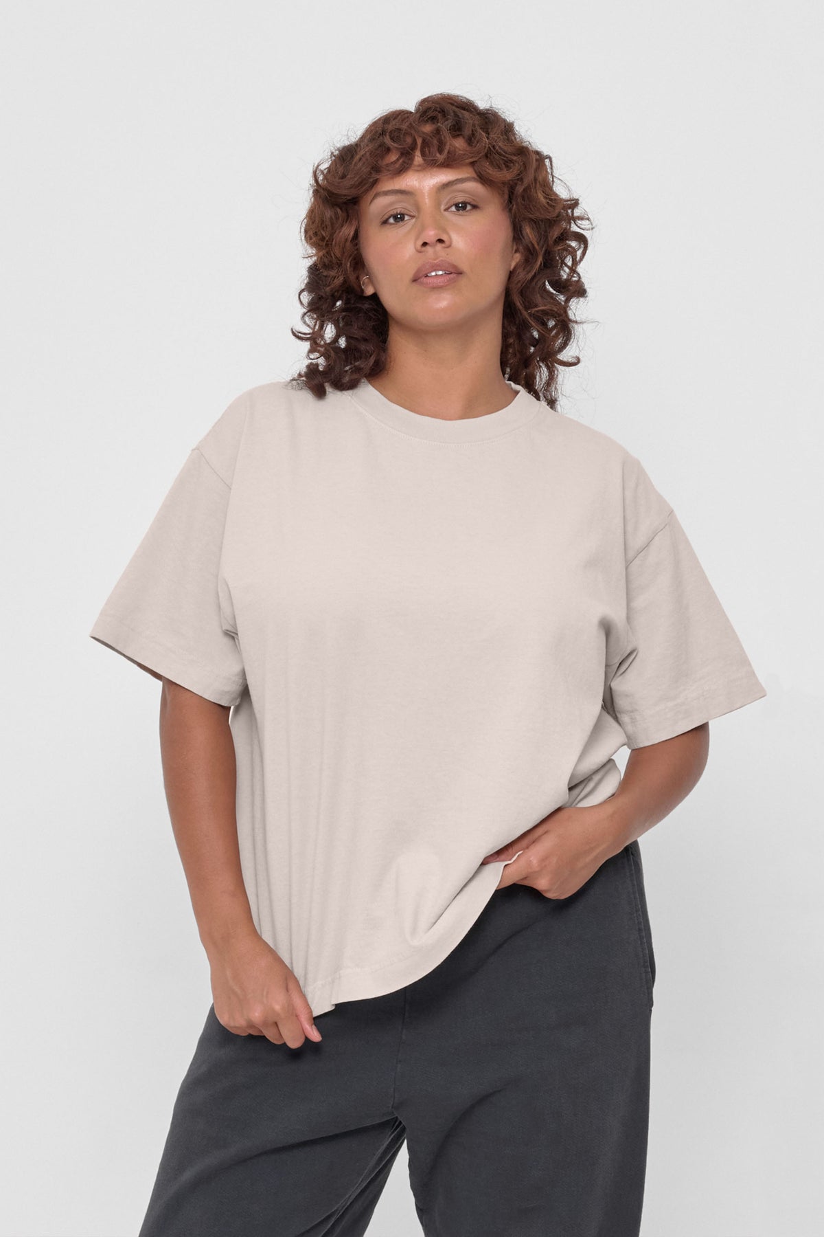 Boxier Trash Tee in Oat – front view on model
