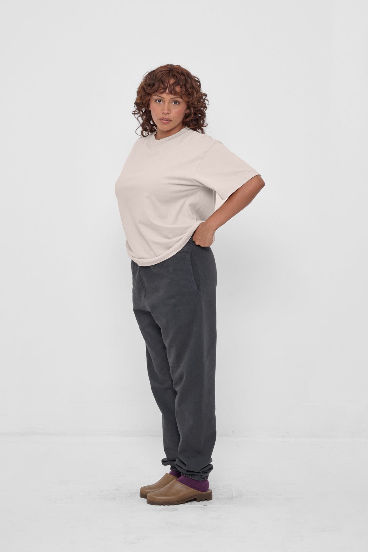 Boxier Trash Tee in Oat – styled with Slate Trash Sweatpants and Plasticana Shoes