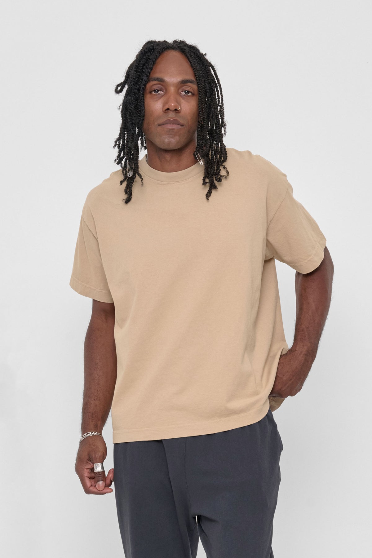 Boxier Trash Tee in Sand Storm – front view on model