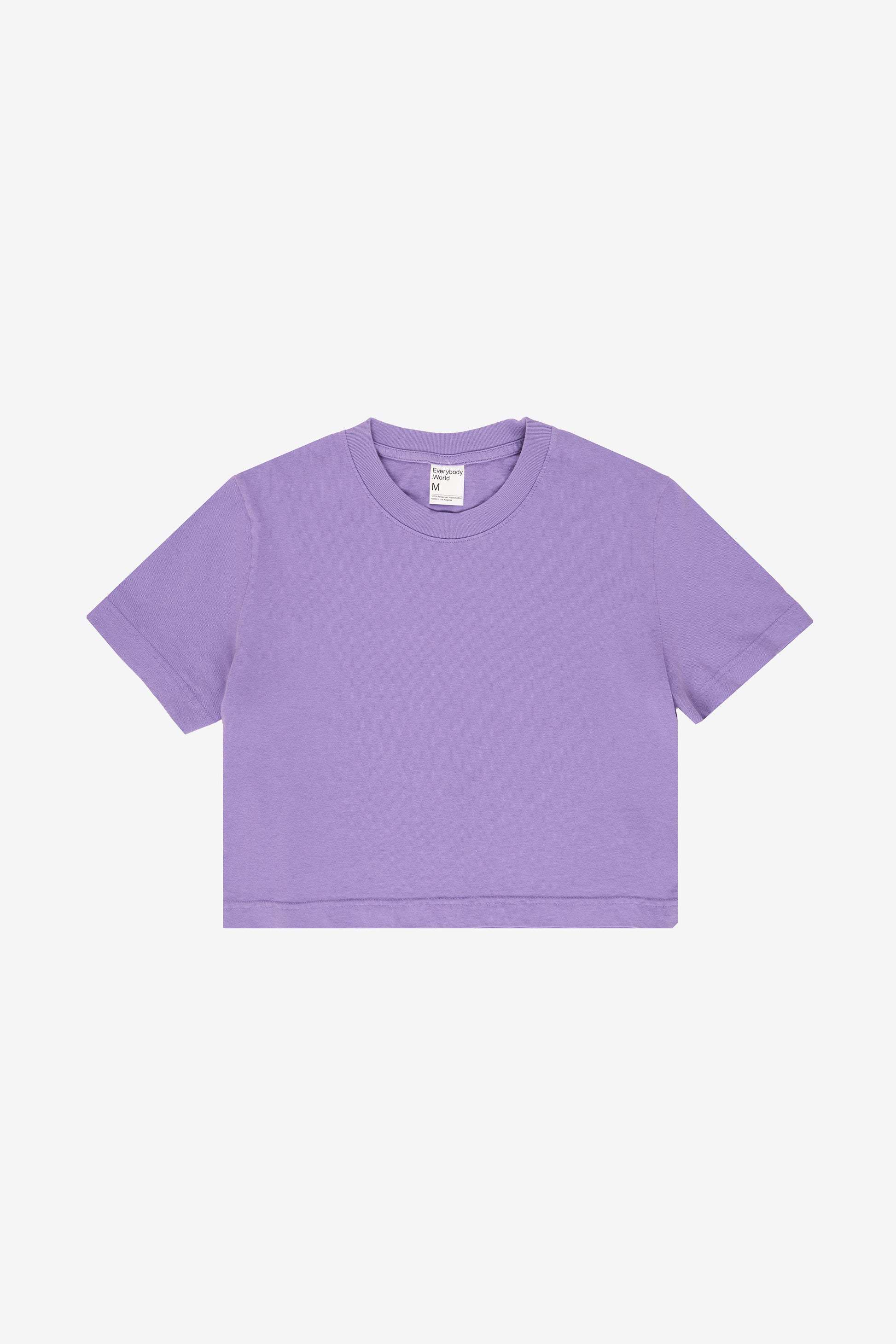 Flat lay showing t-shirt's cropped silhouette.
